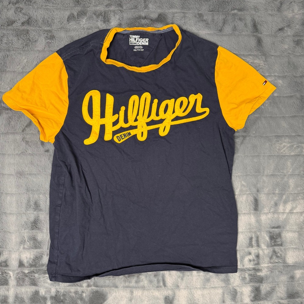Tommy Hilfiger Denim Womens Navy Yellow Colorblock Script Logo T-Shirt XS